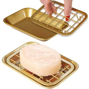 Kitchen and Bathroom Soap Dish Tray - Metal 2-Piece Soap Dish Tray with Drainage Grid and Holder for Kitchen Sink Countertops to Store Soap, Sponges, Scrubbers - Rust Resistant (2 Pack, Gold)