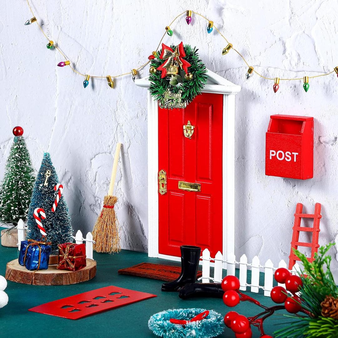 20 Pcs Christmas Elf Fairy Doors Decorations Enchanted Elf Doors Tiny Outdoor Xmas Decor Wooden Tiny Miniature for Girls Xmas Accessories Fairy Tale(Red)(Red)