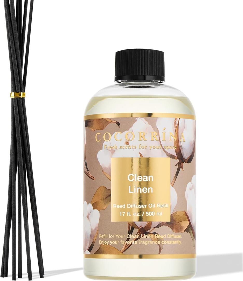 Cocorrna Reed Diffuser Refill Clean Linen 17oz (500ml) with 8 Rattan Sticks - Premium Long-Lasting Scented Oil, Home Fragrance for Bedroom, Bathroom Home Decor