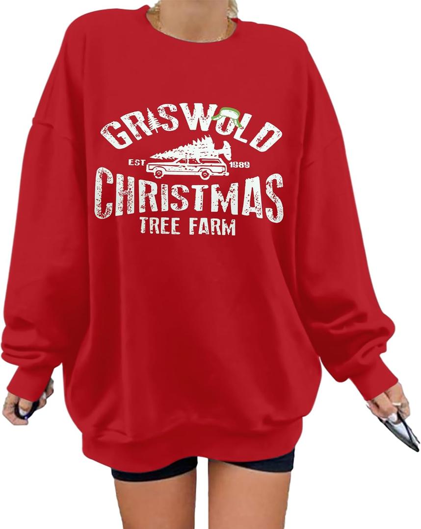 Oversized Christmas Sweatshirt for Women Funny Christmas Holiday Sweatshirt Xmas Casual Pullover Vacation Top (Small, B_red)
