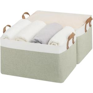 StorageWorks Storage Bins, Shelves Baskets for Organizing, 45L Extra Large Fabric Closet Organizers with Handles, Metal Frame, Green and White, 2-Pack