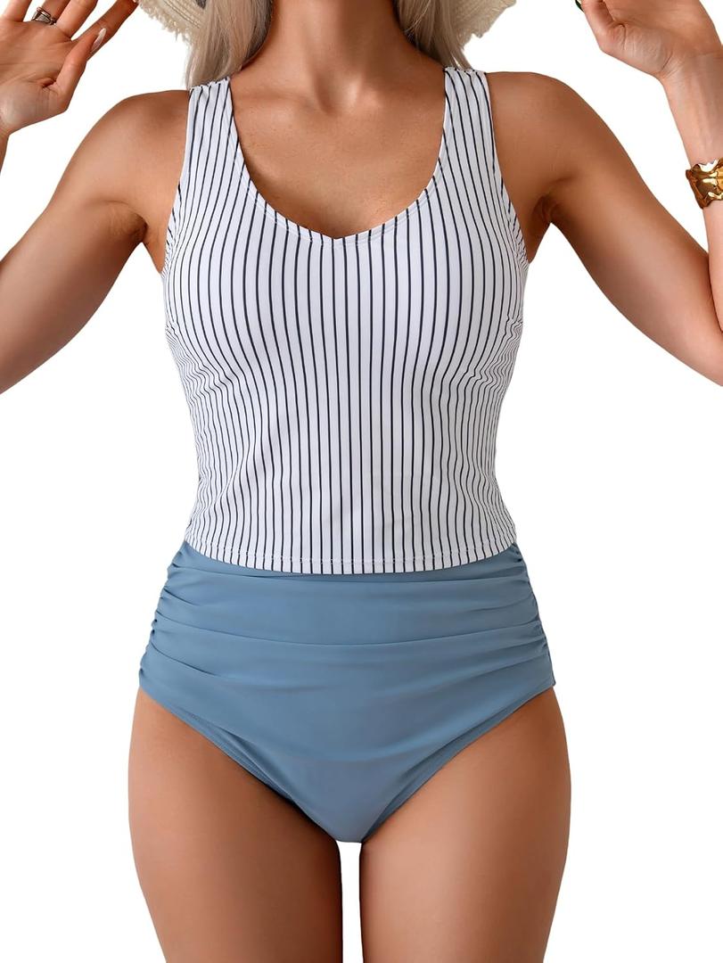 Eomenie Two Piece Tankini Swimsuits for Women Tummy Control Bathing Suits U Back Swim Tank Top with High Waisted Bottom (S)