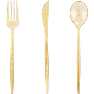 Supernal 180pcs Gold Plastic Silverware Durable Plastic Silverware Gold Glitter Color Party Cutlery Disposable Flatware Heavy Duty Include 60 Forks,60 Knvies,60 Spoons for Wedding,Birthday