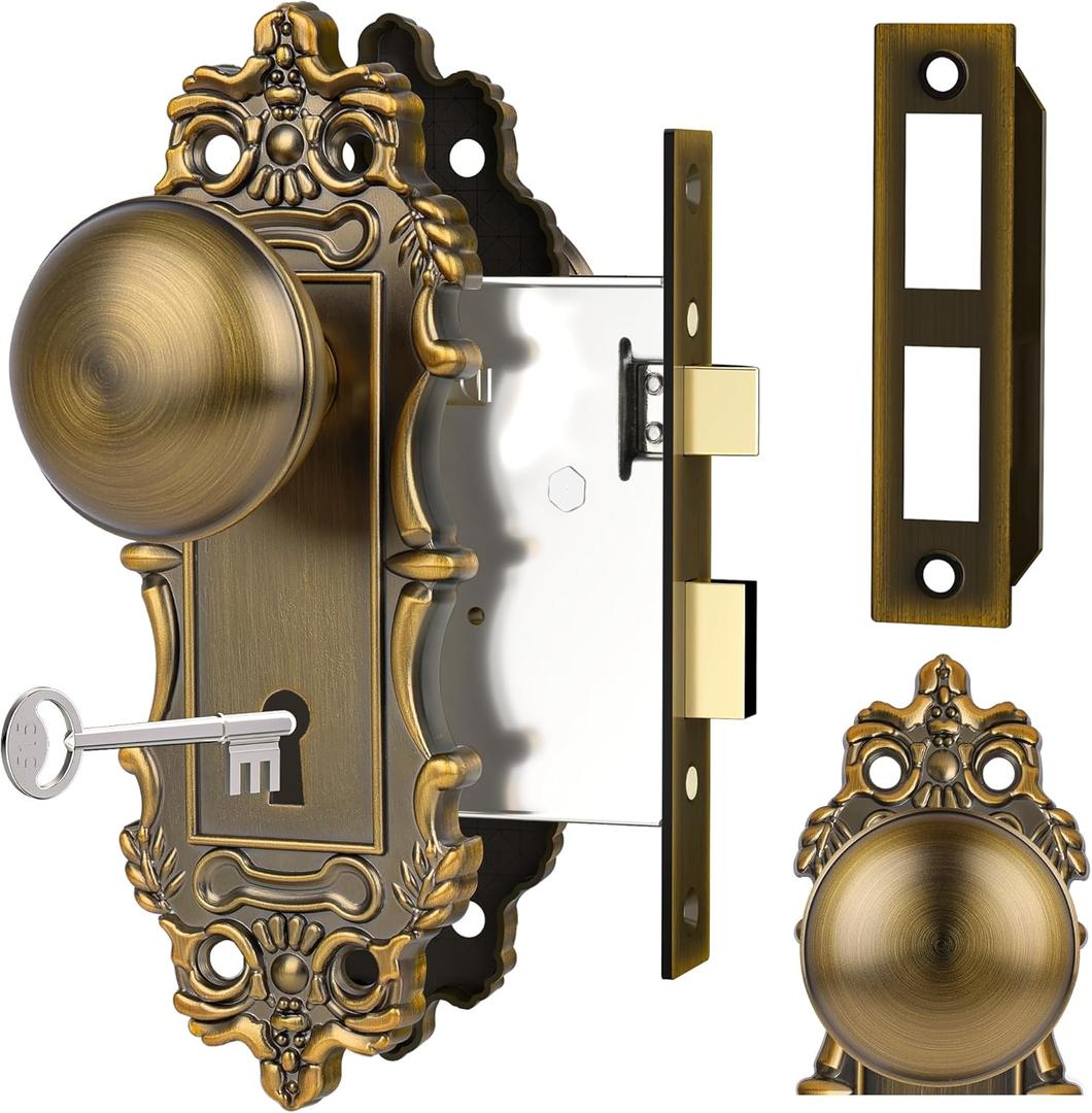 Mortise Lock Door Knobs Interior Brass Door Knob Antique Gold Door Handle Skeleton Key Privacy Vintage Door Locks for Bedrooms Bathroom
