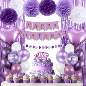 Purple Birthday Decorations for Women, Happy Birthday Party Decorations, Happy Birthday Banner, Purple Balloons, Foil Fringe Curtains, Tissue Paper Pompoms, Heart Garland, Cake Topper