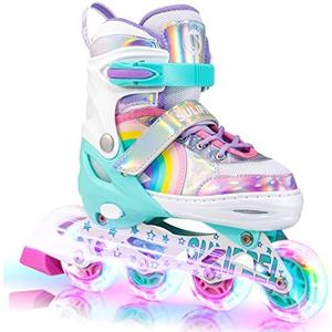 SULIFEEL Rainbow Unicorn Inline Skates for Girls Boys 4 Size Adjustable Light up Wheels Skates for Kids Beginner M