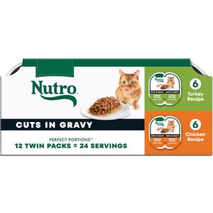 Nutro Perfect Portions Wet Cat Food Gravy Cuts Variety Pack, Cat Food Wet Recipe, Turkey or Chicken Recipe, 2.6 oz. Twin-Pack Trays, 12 Pack (EXP 11/02/26)
