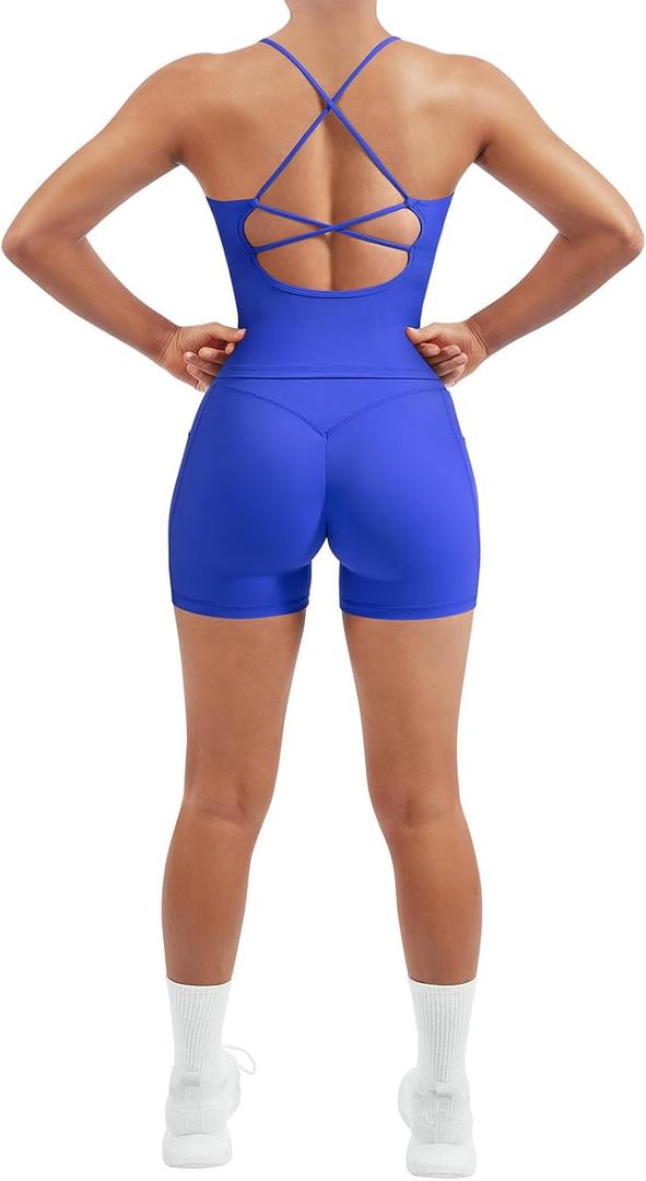 SUUKSESS Women 2 Piece Workout Sets Padded Tank Tops Tummy Control Leggings Gym Outfits (Blue, XL)