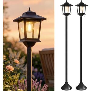 PASAMIC Outdoor Solar Post Lights, 2-Pack 63" Dusk to Dawn Solar Lamp Posts, Waterproof Floor Lamps, Warm White Pole Lights for Patio with Replaceable Bulb (Black)