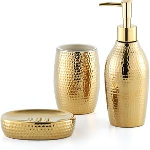 Gold Bathroom Accessory Set - 3 Piece Decorative Ceramic Bathroom Accessories Sets with Lotion Soap Dispenser, Toothbrush Holder/Tumbler and Soap Dish, Golden Gift Set for New Home Decor (water drop pattern)