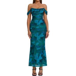 KUTUMAI Off The Shoulder Maxi Long Dress Corset Ruched Bodycon Cocktail Formal Wedding Guest Dresses for Women (Blue). L Size