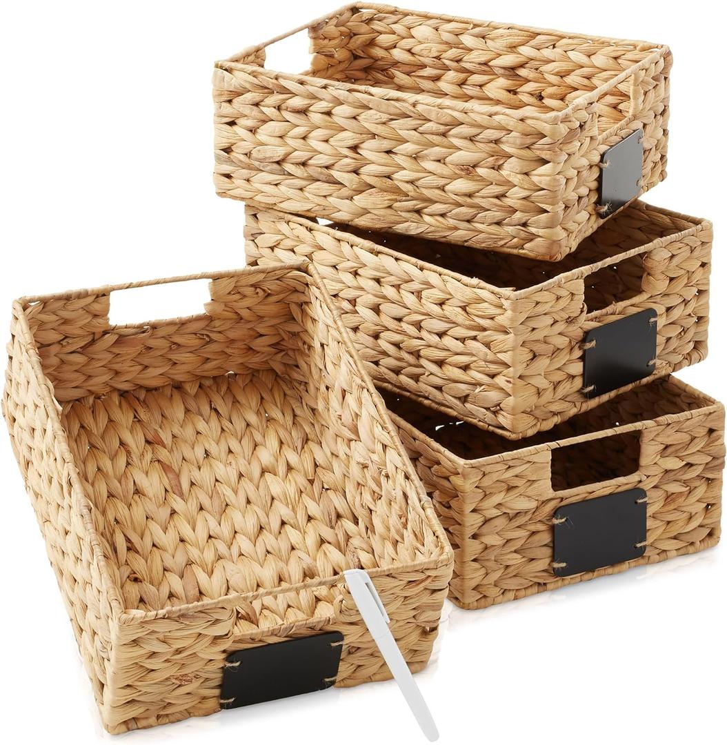 Casafield Set of 4 Water Hyacinth Pantry Baskets, 10" x 13" x 5", with Chalkboard Labels and Chalk Marker - Natural, Woven Storage Bin Organizers for Kitchen Shelves