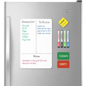 HOMiDEK Magnetic Dry Erase Board: Small Fridge Whiteboard, Flexible Refrigerator Magnet White Board, Blank Writing Note Sheet with Dishwasher Magnet Clean Dirty Sign, 4 Markers & Eraser - 12 x 8