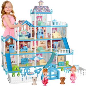 OCRETIC Doll House for Girls,13 Rooms Dollhouse with 2 Dolls, Lights, Figure, Puppies,Furnitures, Accessories, Toddler Playhouse Gift for for 3 4 5 6 7 8 9 10 Year Old Girls Toys (Blue)