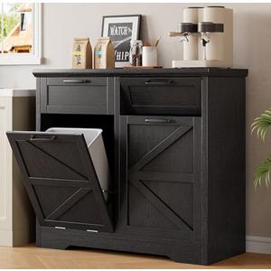 Double Tilt Out Trash Can Cabinet, 2x10 Gallon Farmhouse Hidden Garbage Recycling Bin with Drawer, Freestanding Wooden Pet Proof Trash Cabinet & Laundry Hamper for Kitchen, Living Room, Black