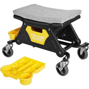 YELLOW JACKET Garage Mechanics Seat with Two Tool Tray and A Drawer, Mechanic Stool with Wheels 300 lbs Capacity, Workshop Creeper Seat for Auto Repair Work