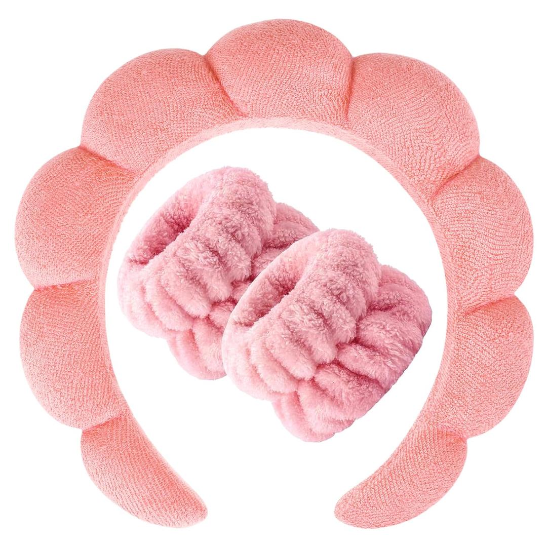 Zkptops Spa Headband for Washing Face Wristband Set Sponge Makeup Skincare Terry Cloth Bubble Soft Get Ready Hairband for Women Girl Puffy Padded Headwear Non Slip Thick Hair Accessory(Orange Pink)