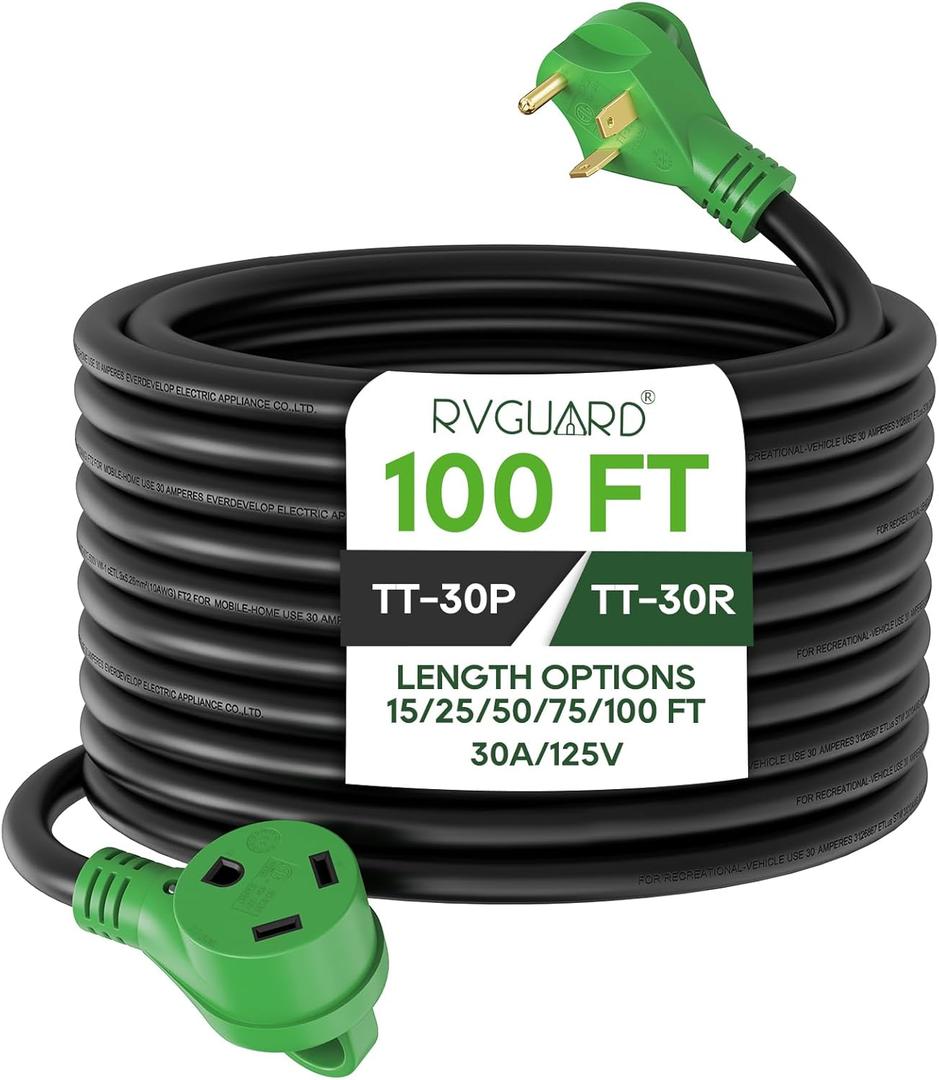 RVGUARD 30 Amp 100 Foot RV Extension Cord, Heavy Duty 10/3 Gauge STW Cord with LED Power Indicator and Cord Organizer, TT-30P/R Standard Plug, Green, ETL Listed (100 Foot)