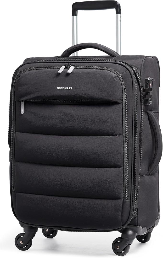 BAGSMART Carry On Luggage 22x14x9 Airline Approved, 20 Inch Soft Suitcase with Wheels, Lightweight Spinner Carry on Suitcase with PVC Wet/Dry Pockets for Short Trip, Black