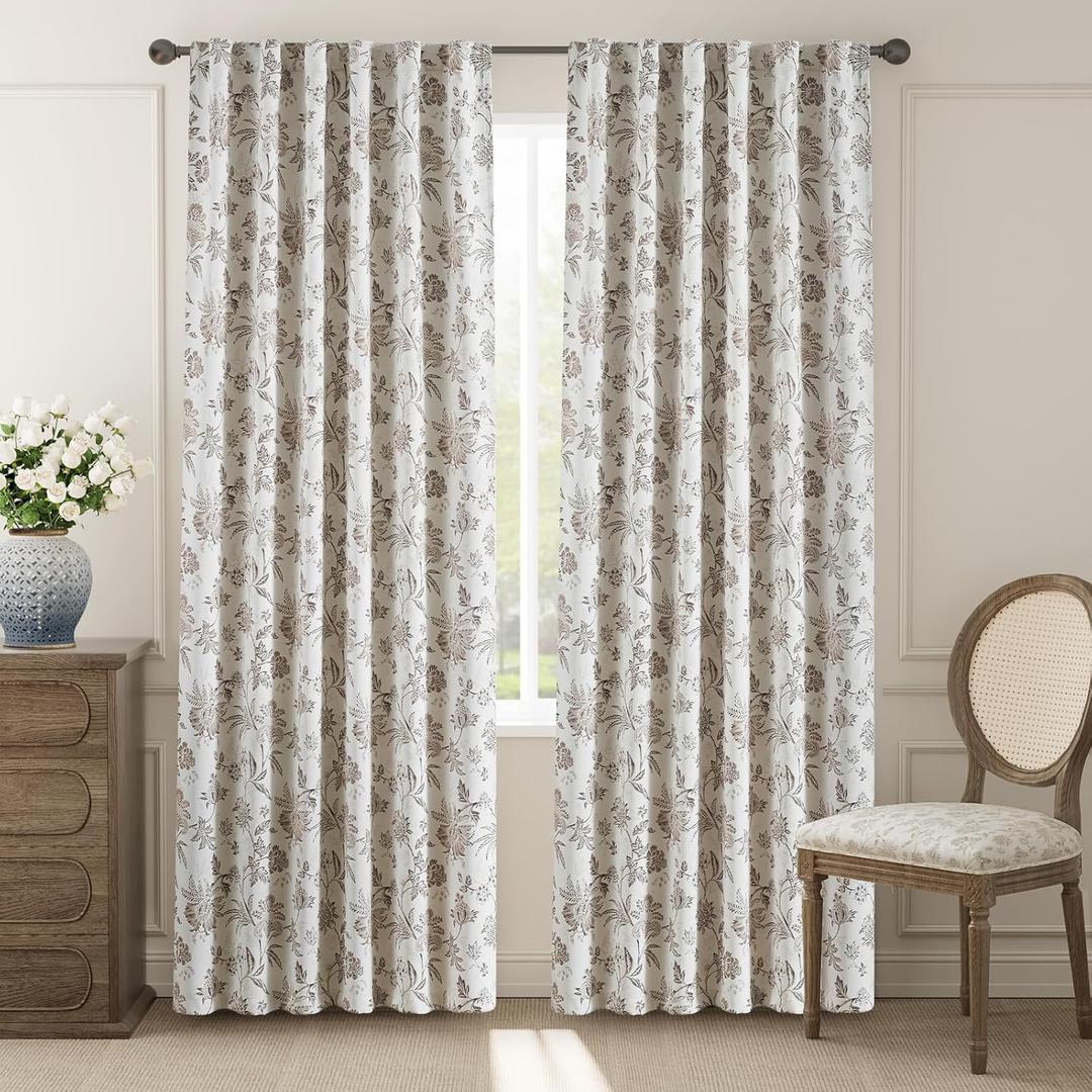 jinchan Blackout Floral Curtains for Bedroom, 90 Inches Long Printed Flower Black Out Curtains, French Country Back Tab Taupe Window Treatment Farmhouse Drapes Set 2 Panels Taupe (*Jacobean Taupe on Off White)