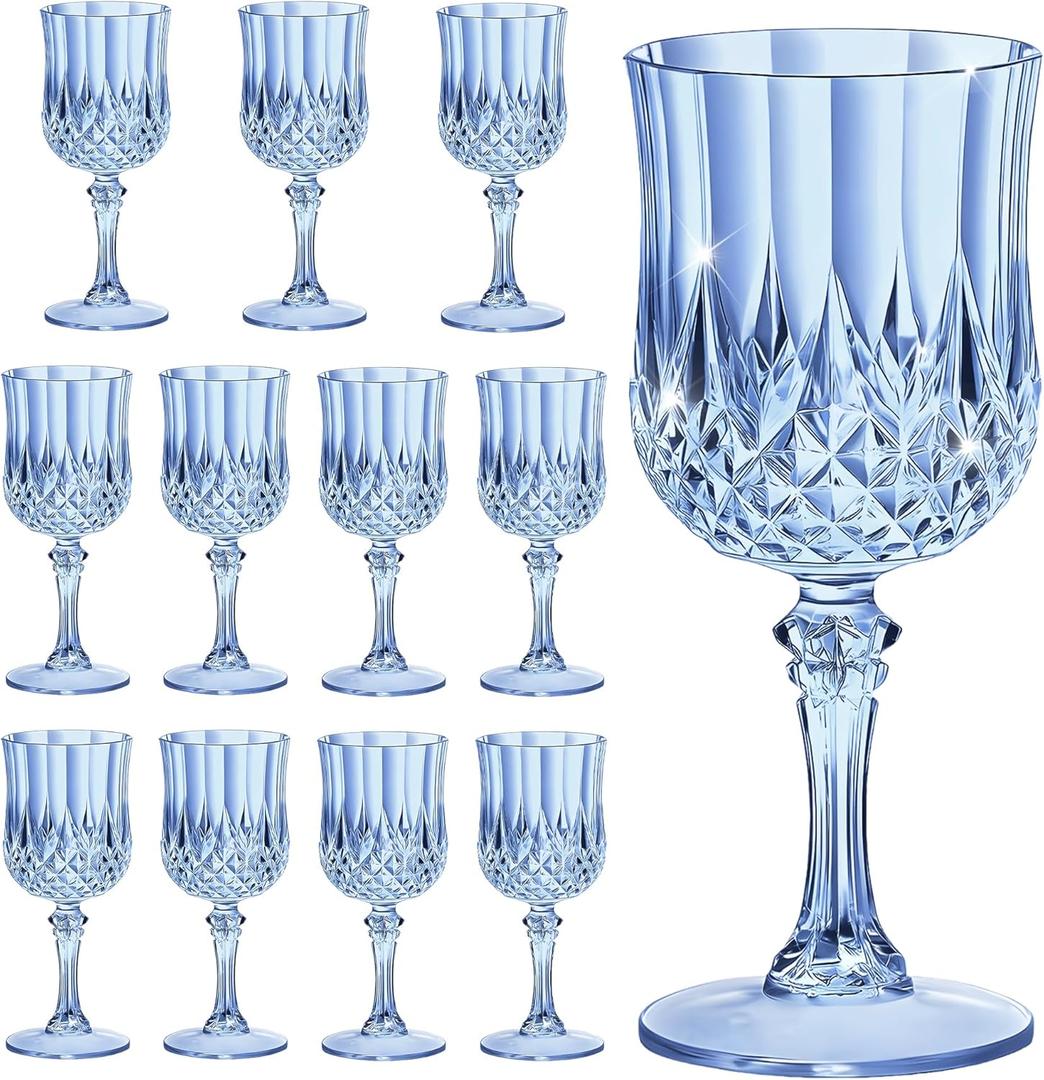 7OZ Plastic Wine Glasses, Reusable Vintage Goblets Unbreakable Drinking Glasses Crystal Water Cups Champagne for Wedding, Parties, Mother's Day (12, Blue)