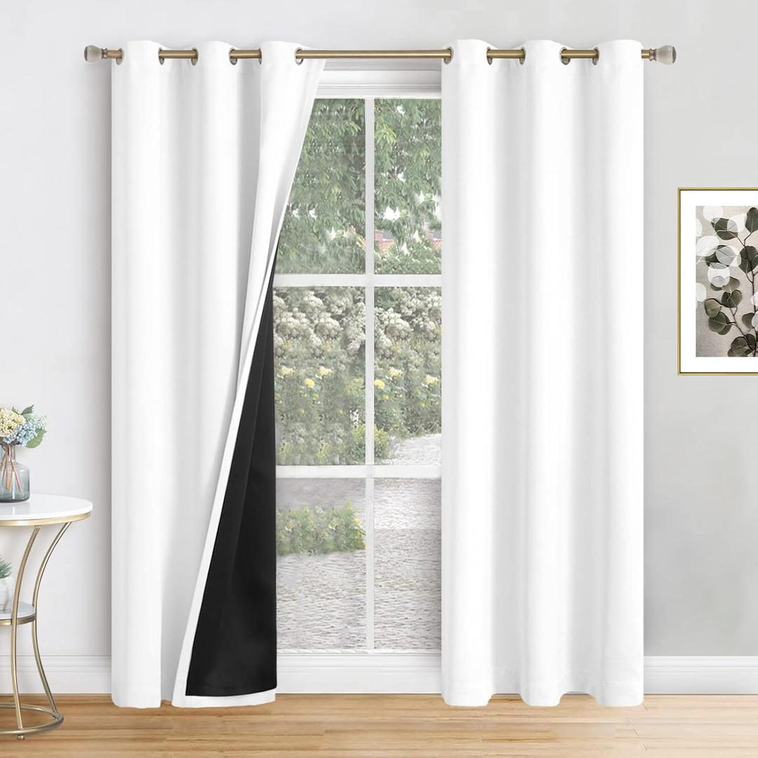White Blackout Curtains for Living Room 80 Inch Length 2 Panels Set, Thermal Insulated 100% Light Blocking Soundproof Grommet Window Curtains for Bedroom with Black Liner, Each 41 Inch Wide , 41x80