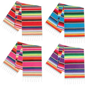 Fowecelt 4Pcs Mexican Serape Table Runner 14 x 84 Inch Hand Woven Blanket Colorful Striped Fringe Cotton Mexican Table Runner for Fiesta Themed Cinco de Mayo Wedding Party Decorations