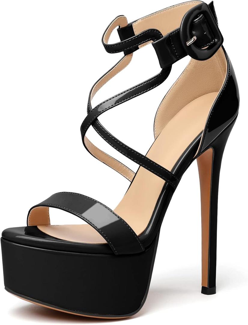Eldof Women's Platform Sandals Ankle Strap 5.9" High Heels Cross Strap Stilettos Open Toe Ankle Strap Crisscross Sandals Black, US 9