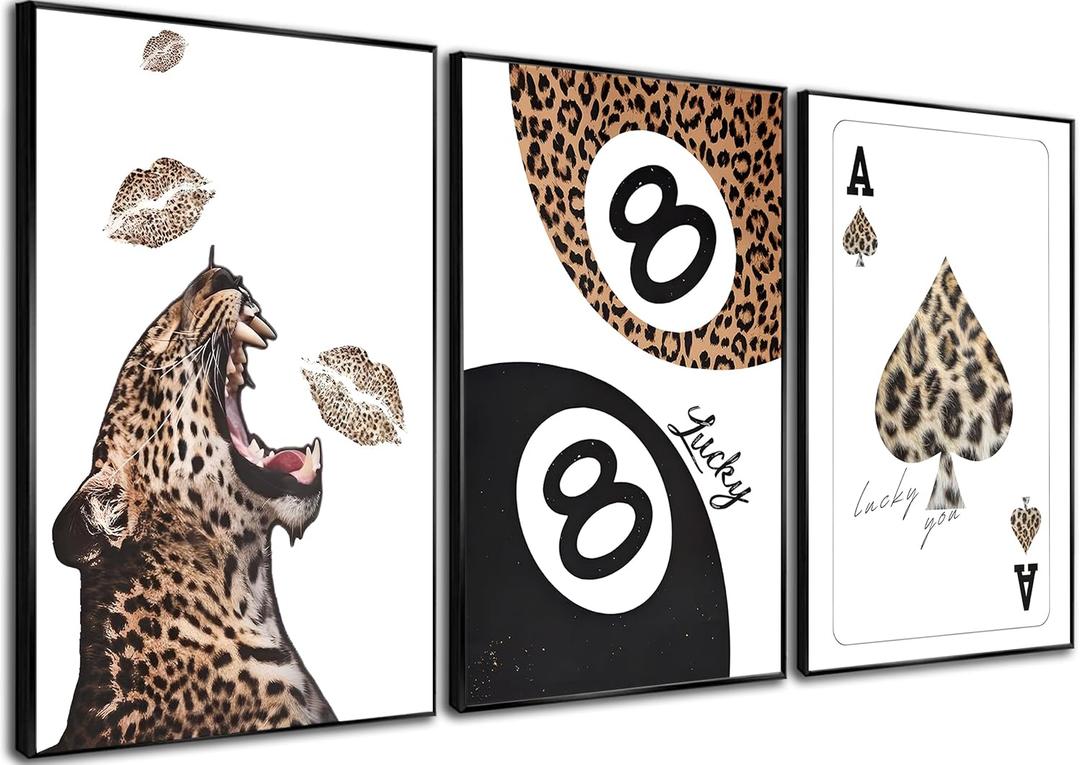 KBIERQN 3Pcs Trendy Leopard Prints Wall Art Cheetah Aesthetic Pictures Funky Preppy Lucky 8 Ball Posters Eclectic Ace Canvas Wall Decor for Girls Room Apartment Dorm 16x24In Unframed