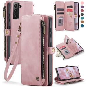 Defencase Compatible with Samsung Galaxy S22 5G Case Wallet with RFID Blocking Card Holder for Women Men, PU Leather Magnetic Snap Flip Zipper Strap Wallet Phone Case Fit for Galaxy S22 5G 6.1", Pink (Airy Rose Pink)