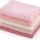 MUKIN Baby Washcloths,Muslin Burp Cloths Towels for Newborns,Absorbent Cotton Bath Face Towel 5 Pack, 12x12 Inches (Rosy Embrace)