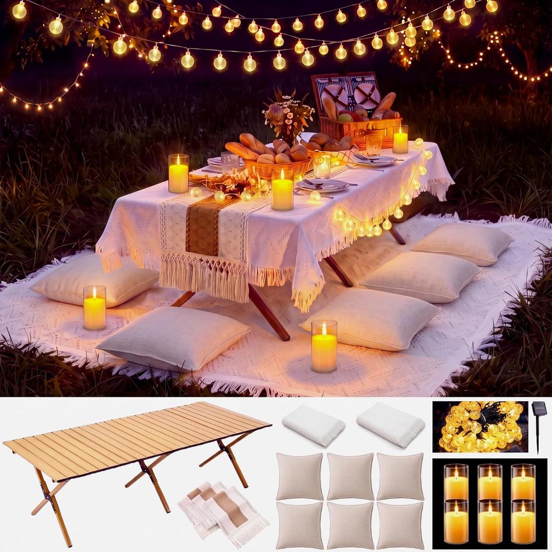 Tigeen 17 Pcs Boho Picnic Set up with Table, Blanket, Beige | Beige Runner, Pillow Cover, LED Candles, 39.4ft Solar String Lights, Luxury Picnic Kit for 6, Backyard Movie Night Essentials