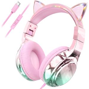 QearFun Kids Cat Ear Headphones with USB C for Girls with Microphone, 85/94dB Safe Volume Limiter, Tangle-Free Cord, Share Port, Foldable Sparkly Wired Headset for School, Travel, Tablet, iPad