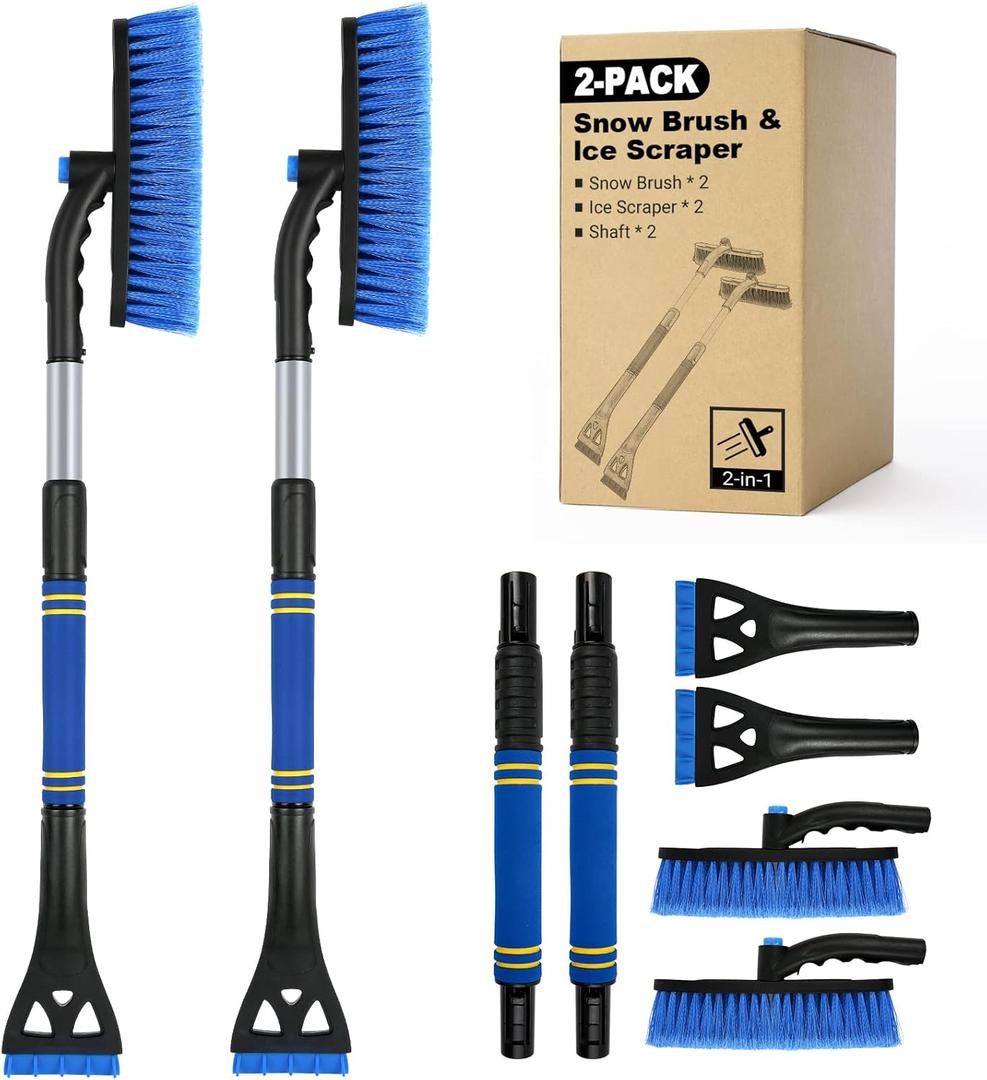 BFONS 2PCS Ice Scrapers for Car Windshield, 2-in-1 Snow Scraper and Snow Brush for Car SUV Truck, Car Ice Windshield Scraper for Ice and Snow with 360 Pivoting Brush and Ergonomic Foam Grip Blue