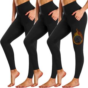 NEW YOUNG 3 Pack Fleece Lined Leggings Women with Pockets,Warm Winter Yoga Pants for Women (Small-Medium)