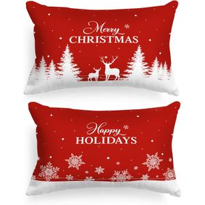 Lanpn Christmas Queen Pillowcase 20x30 Set of 2, Red Christmas Tree Snowflake Lumbar Pillow Cases 20 x 30 Long Rectangle Queen Shams Throw Bed Pillow Covers Winter Holiday Xmas Cushion Cover 2 Pack