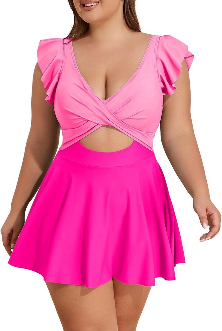 B2prity Women's Plus Size Swimsuit Tummy Control One Piece Swimdress Ruffle V Neck Cutout Wrap Bathing Suit with Skirt (X-Large, Pink Color Block)