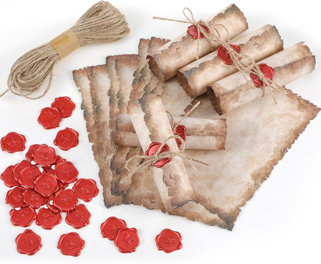 Sinload Vintage Writing Invitations Set Includes 100 Letter Antique Scroll Rustic Papers 100 Wax Seal Stickers 3 Strands of Twine for Valentines Mother Stationery Old Medieval Cardstock(4 x 6 Inch)
