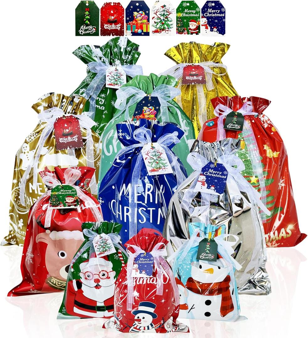 Allruyee 40pcs Christmas Gift Bags Drawstring Gift Wrapping Bags Assorted Sizes Small Medium Large Jumbo Xmas Treat Bags with Tags for Party Favors Present Wrapping (Classic Color)