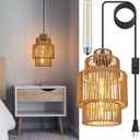 Plug in Pendant Light with LED Bulb, Boho Hanging Light Fixture with Rattan-Style Shade, 13FT Adjustable Cord and On/Off Switch for Bedroom, Living Room, Kitchen, Easy Installation (Layered cylindrical)