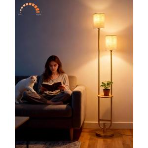 Lightdot 63Inch Floor Lamp with Table Dimmable Gold Floor Lamp for Living Room 2-Light Mid Century Modern Tall Standing Lamp with Fabric Shade for Bedroom/Sofa Beside/Corner Decor(Bulbs Included)