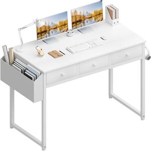 Lufeiya Small White Computer Desk with Drawers for Home Office Bedroom, 40 Inch Vanity Desk with Fabric Drawer Storage and Side Pouch, Study Writing Table, White