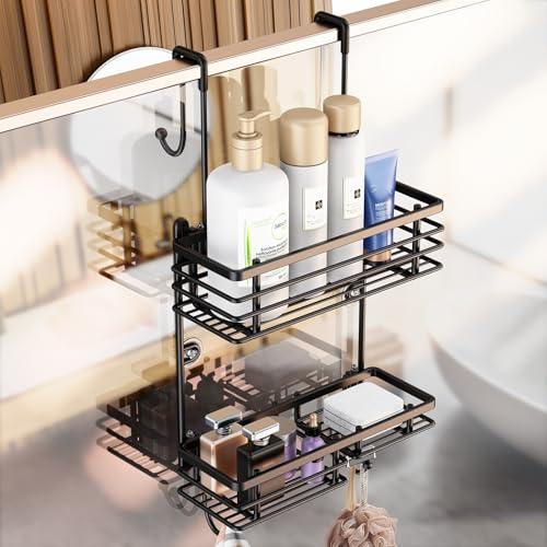 Gaseawolf Shower Caddy Over Door, Shower Hanging Organizer, No Drilling Over the Door Storage Caddy with 2-Tier Rack and Hooks, Holds Body Wash, Shampoo, Soap, Razor, Towel, Bathroom Rack Black