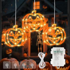 YOUNGAR Thanksgiving Pumpkin Window Lights, 6FT 48 LED Battery/USB Powered with Timer, Waterproof with 8 Modes Memory for Home Bedroom Birthday Party Indoor Outdoor Decor, Orange