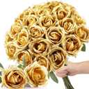 30 Pcs Rose Artificial Flowers in Bulk Real Touch Long Stem Silk Roses Bouquets Realistic Faux Flowers for Wedding Bridal Shower Home Decor Floral Arrangements Table Centerpiece(Gold)
