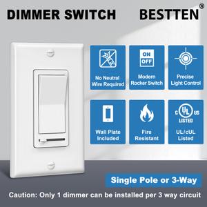 BESTTEN 6 Pack Dimmer Light Switch, LED Dimmer Switch, SinglePole or 3Way, for Dimmable LED, Halogen and Incandescent Bulbs, 120V, Wall Plate Included, UL Listed, White