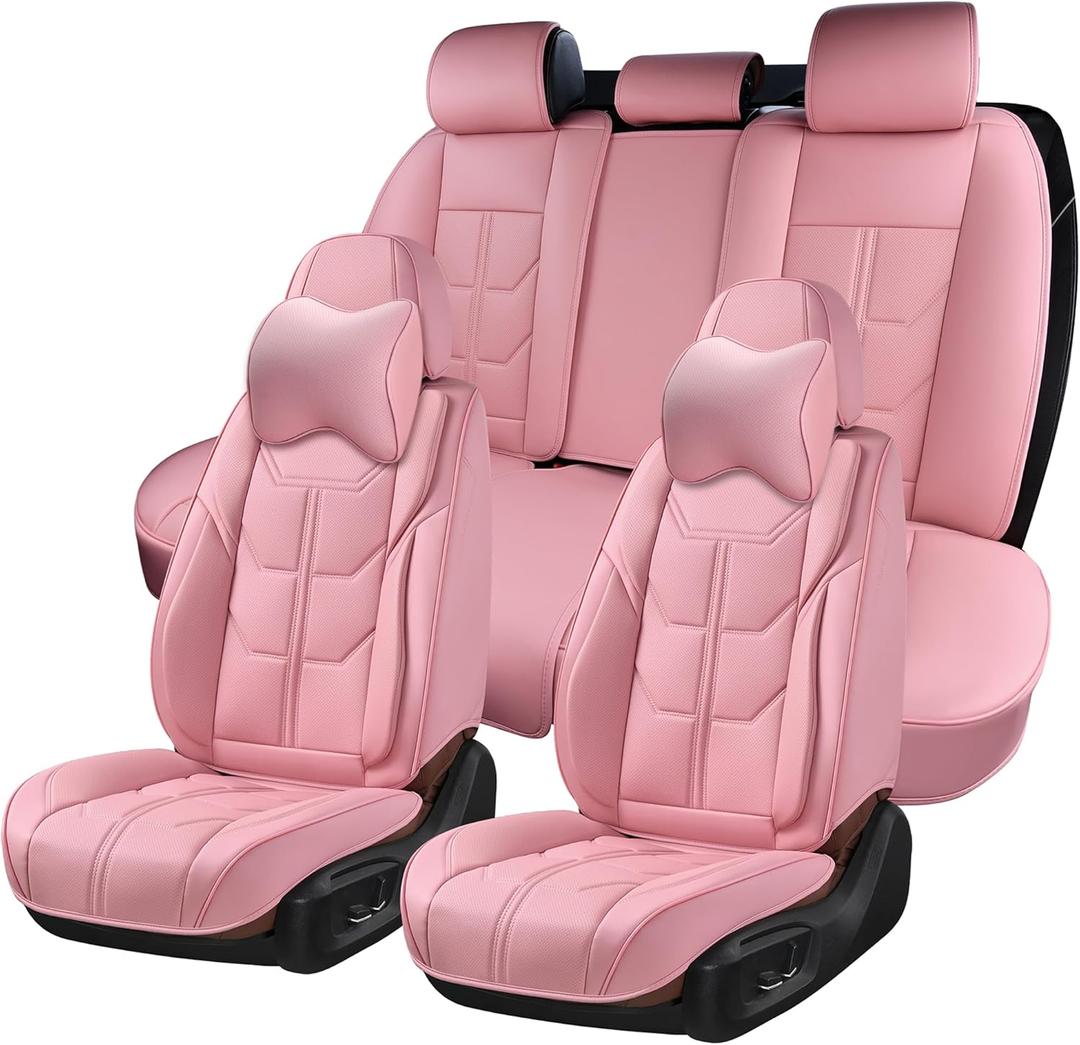 Pink Car Seat Covers, Full Set Seat Covers for Cars with Head Pillow, Leatherette Auto Seat Protectors Car Seat Cushions, Front and Rear Seat Protectors Fit for Most Sedans SUV Pick-up Trucks