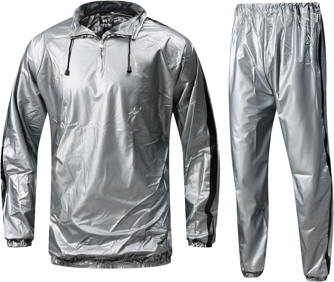 MulYeeh Sauna Suit Sweat Suit Gym Fitness Workout Anti-Rip Lightweight Upgrade Materials Plus Size Suit for Men Women (Small, Silver)