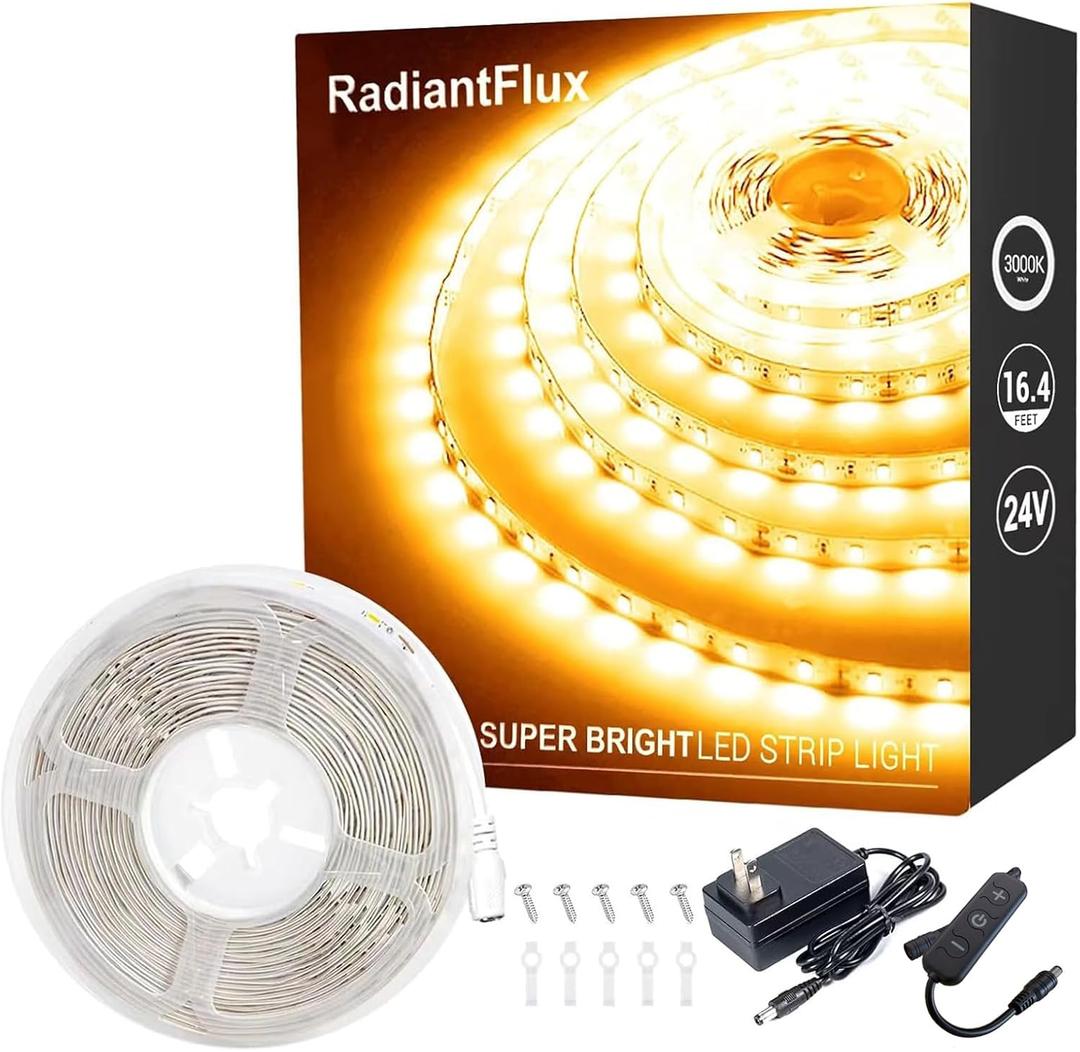 RadiantFlux Warm White Led Strip Lights for Bedroom, 16.4ft 300Leds, Dimmable,Flexible, Super Bright LED Tape Lights for Living Room, Kitchen, Vanity Mirro Indoor Use