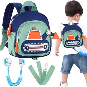Accmor Toddler Leash Backpack, Cute Excavator Child Bag Harness with Anti Lost Wrist Link, Kid Walking Back Pack Mini Rucksack with Restraints Hand Strap Tether for Baby Boys Outdoor Traveling (Dark Blue/Green, Excavator)